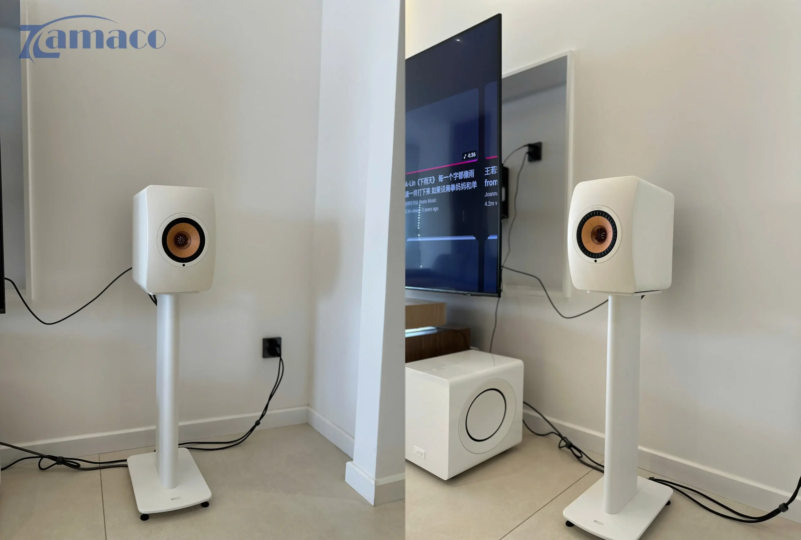 Loa KEF LS50 Wireless II được đặt trên chân loa chính hãng, kết hợp subwoofer KEF KC92 đặt sát tường, giúp tối ưu âm hình stereo và dải trầm mạnh mẽ nhưng kiểm soát tốt trong không gian phòng khách.