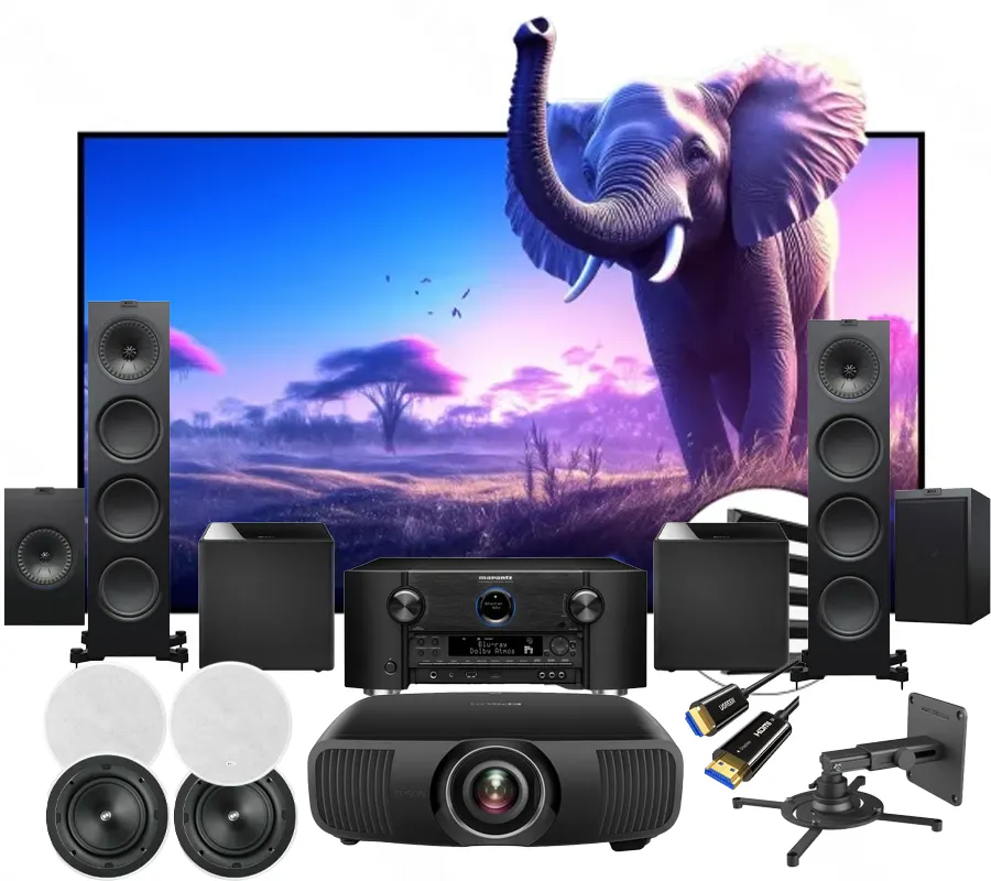 Combo phòng phim với Máy chiếu Epson EH-LS12000B, Bộ thu Marantz SR8015, và Loa KEF 7.2.4 (11.2)