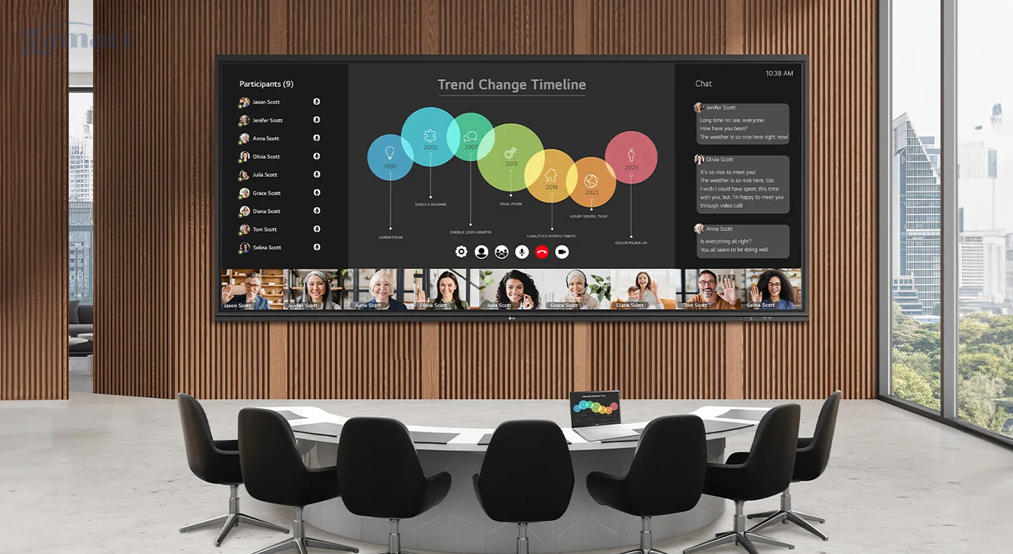 Hình ảnh tổng quan màn hình tương tác thông minh LG 105TR5WP – thiết kế siêu rộng 105 inch, hiện đại và sang trọng.
