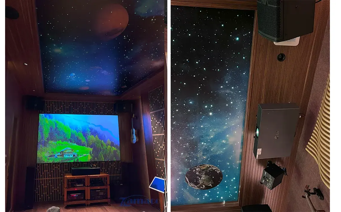 Trần vũ trụ 3D kết hợp dàn máy chiếu – loa cao cấp, mang trải nghiệm sống động.