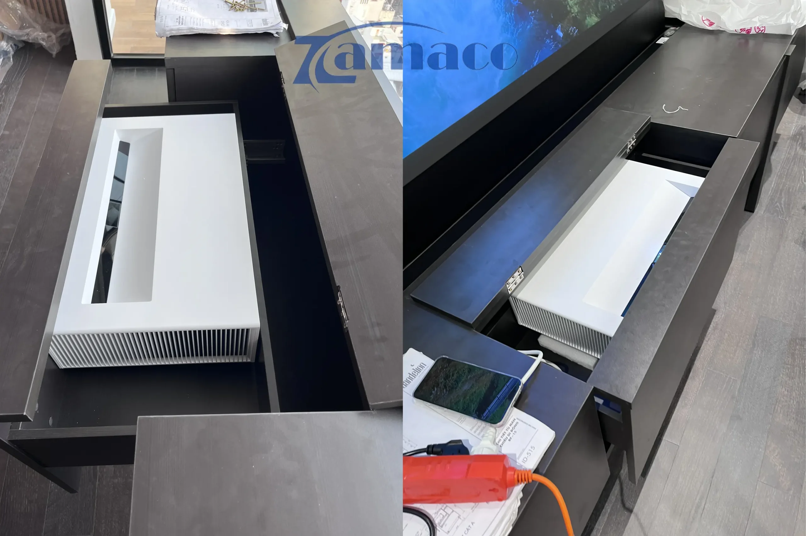 Cận cảnh máy chiếu LG HU715QW được bố trí gọn trong tủ – thiết kế tối ưu và sang trọng.