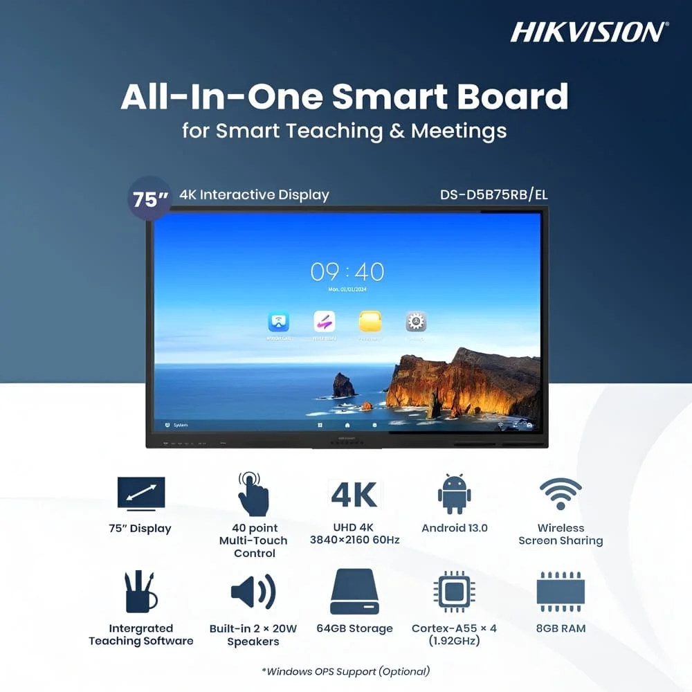 Màn hình tương tác Hikvision DS-D5B75RB/EL – 75″ 4K, cảm ứng đa điểm