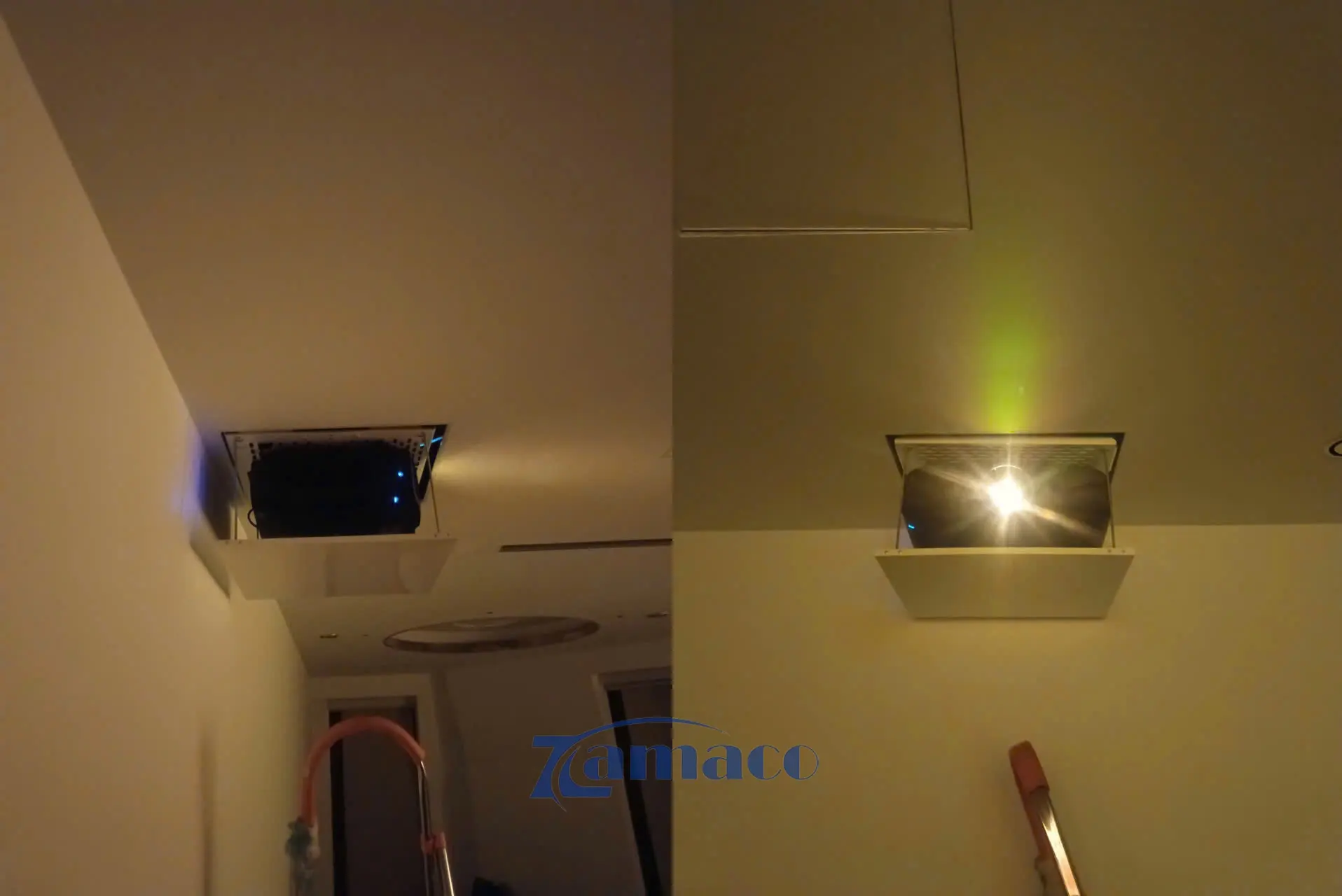 Khung nâng trần tự động CM76X bật mở đưa máy chiếu Epson LS800B xuống vị trí trình chiếu. Hệ thống vận hành êm ái, ổn định và đảm bảo tính thẩm mỹ cho không gian.