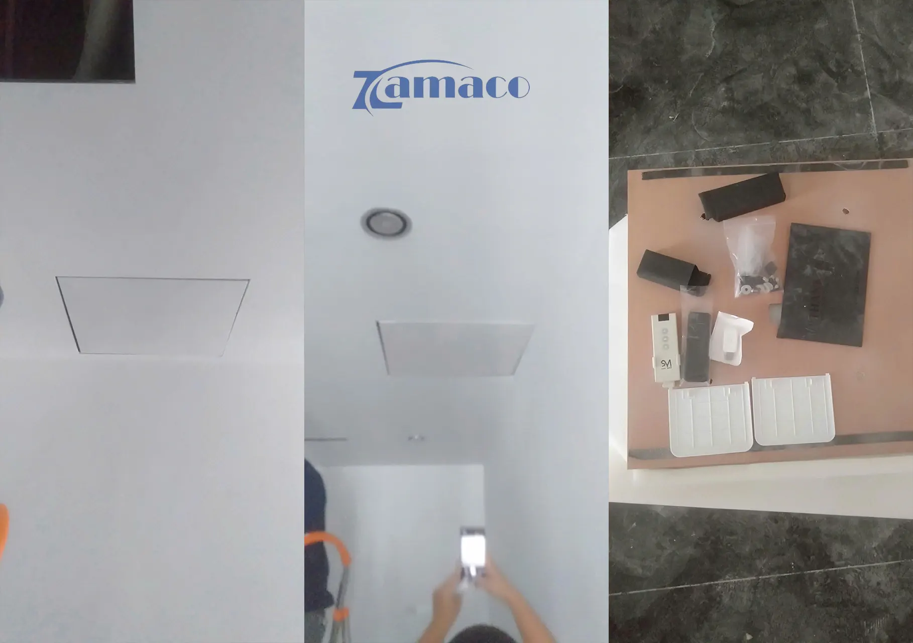 Khung nâng CM76X được thu gọn hoàn toàn vào trần, che kín bởi nắp thạch cao đồng màu. Khi không sử dụng, toàn bộ máy chiếu được giấu kín, giữ vẻ sang trọng cho phòng khách.