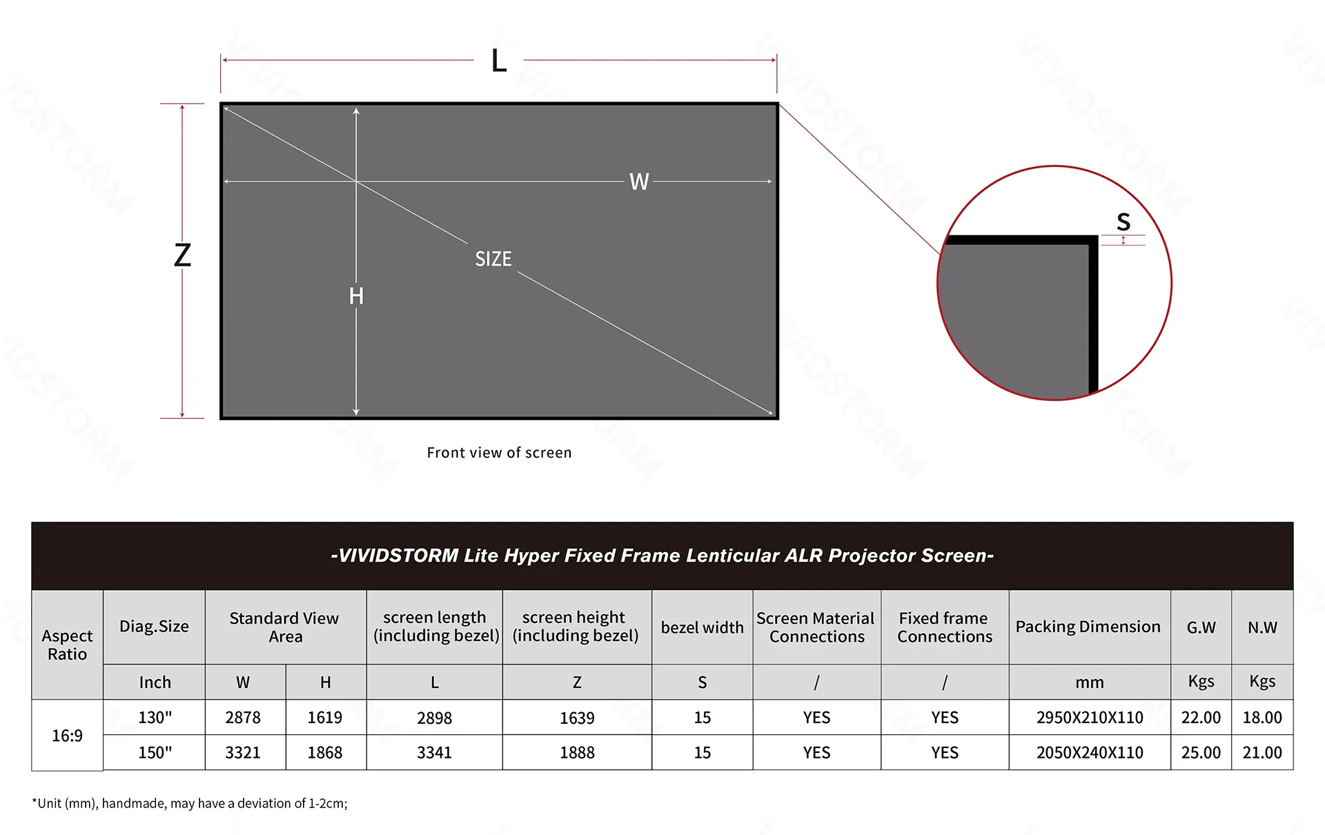 Bản vẽ kích thước màn chiếu VividStorm Lite Hyper Fixed Frame Lenticular ALR