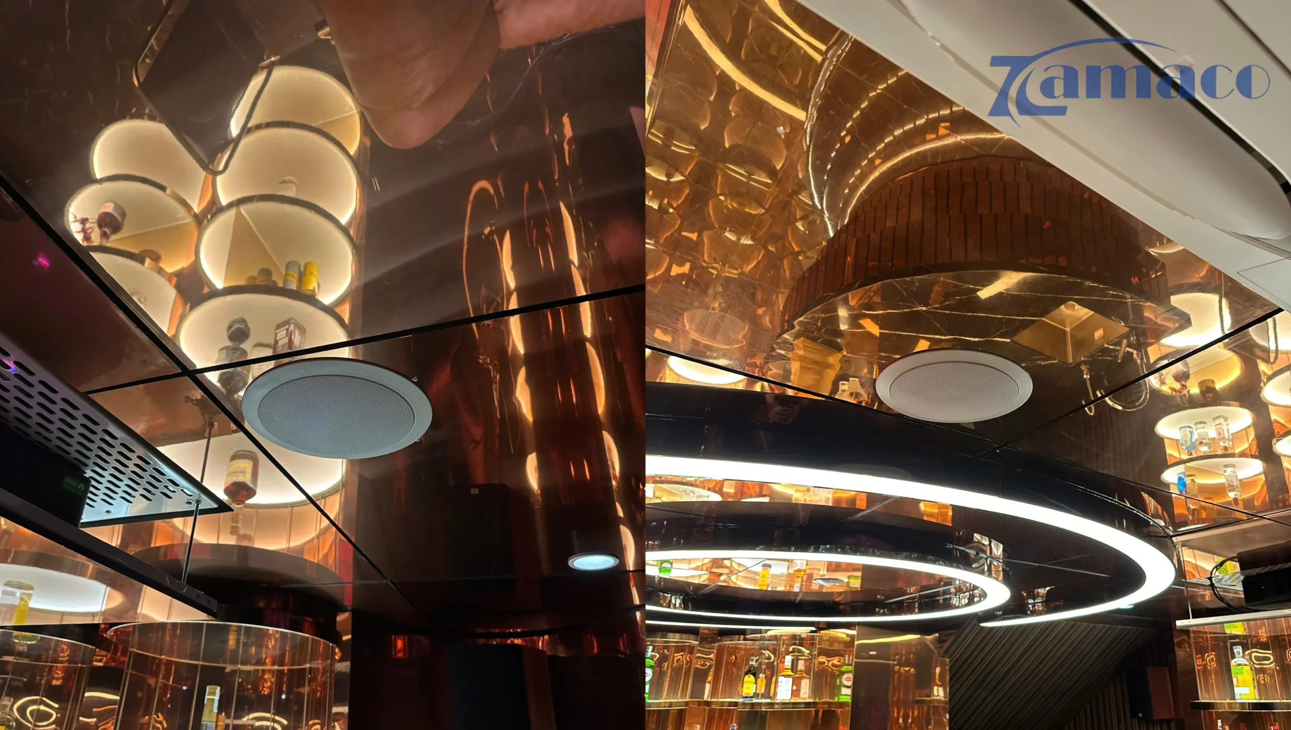 Chi tiết loa âm trần JBL C6IC sau khi hoàn thiện, thiết kế tinh tế, hòa hợp trần nhà, đảm bảo cả chất lượng âm thanh lẫn tính thẩm mỹ cho phòng giải trí cao cấp.