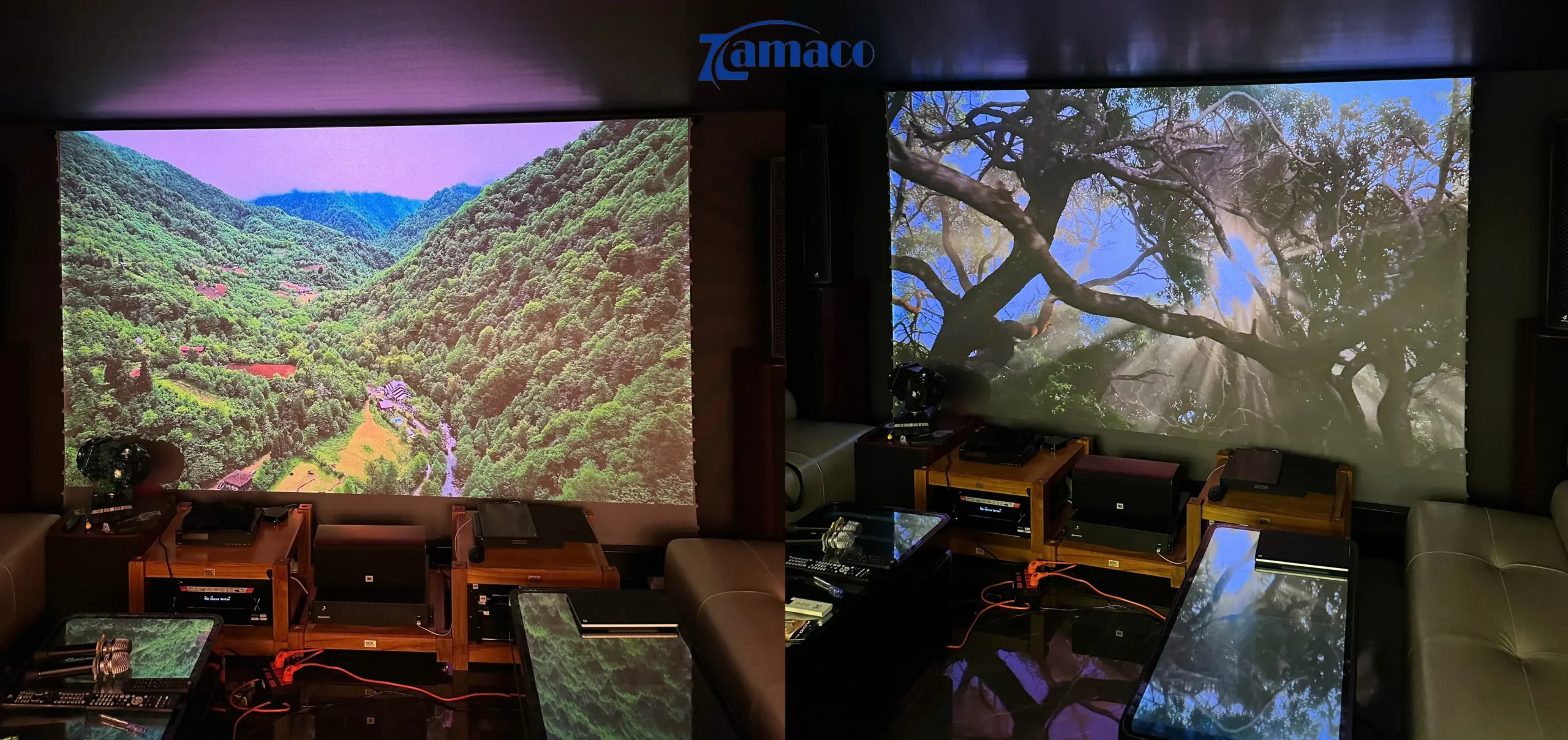 Hệ thống loa xem phim JBL cấu hình 7.1.2, bố trí chuẩn kỹ thuật với loa front, center, surround và loa âm trần Dolby Atmos, mang đến hiệu ứng âm thanh vòm sống động và chân thực.