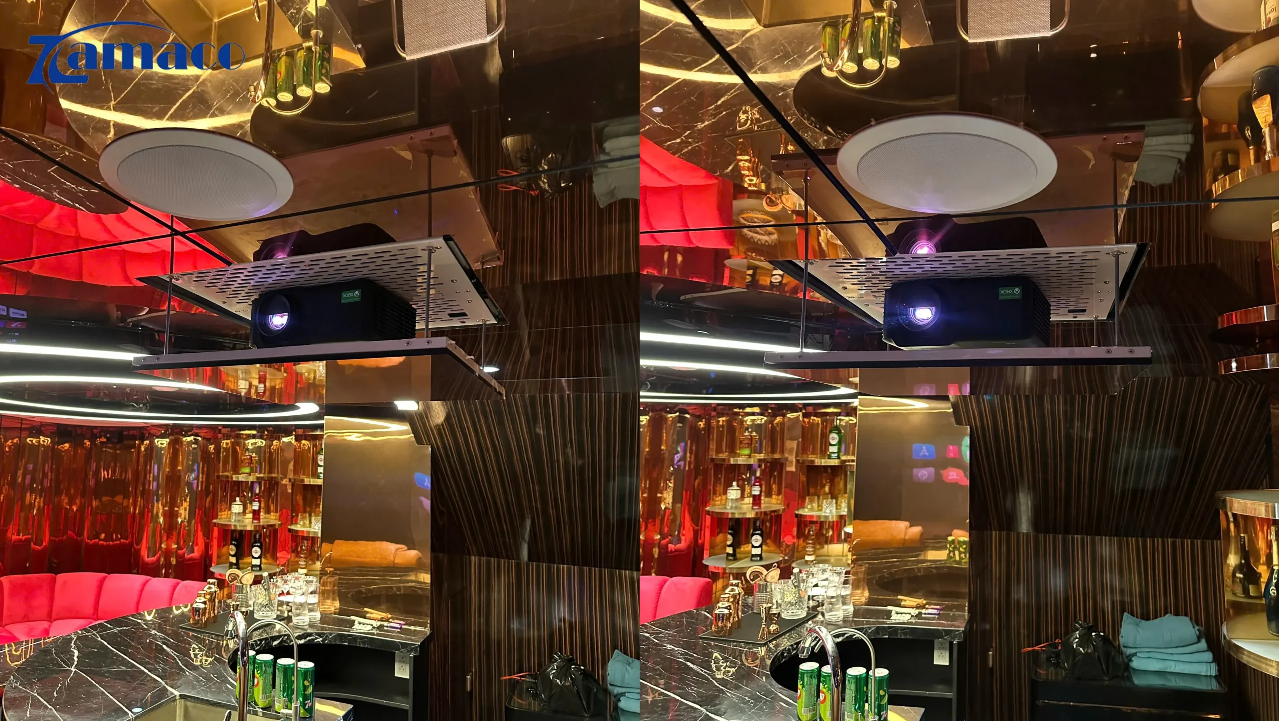 Giá treo âm trần CM76X được lắp đặt chắc chắn, giúp máy chiếu ViewSonic LX700 4K-RGB cố định gọn gàng, đảm bảo độ ổn định và tính thẩm mỹ cho không gian phòng giải trí.