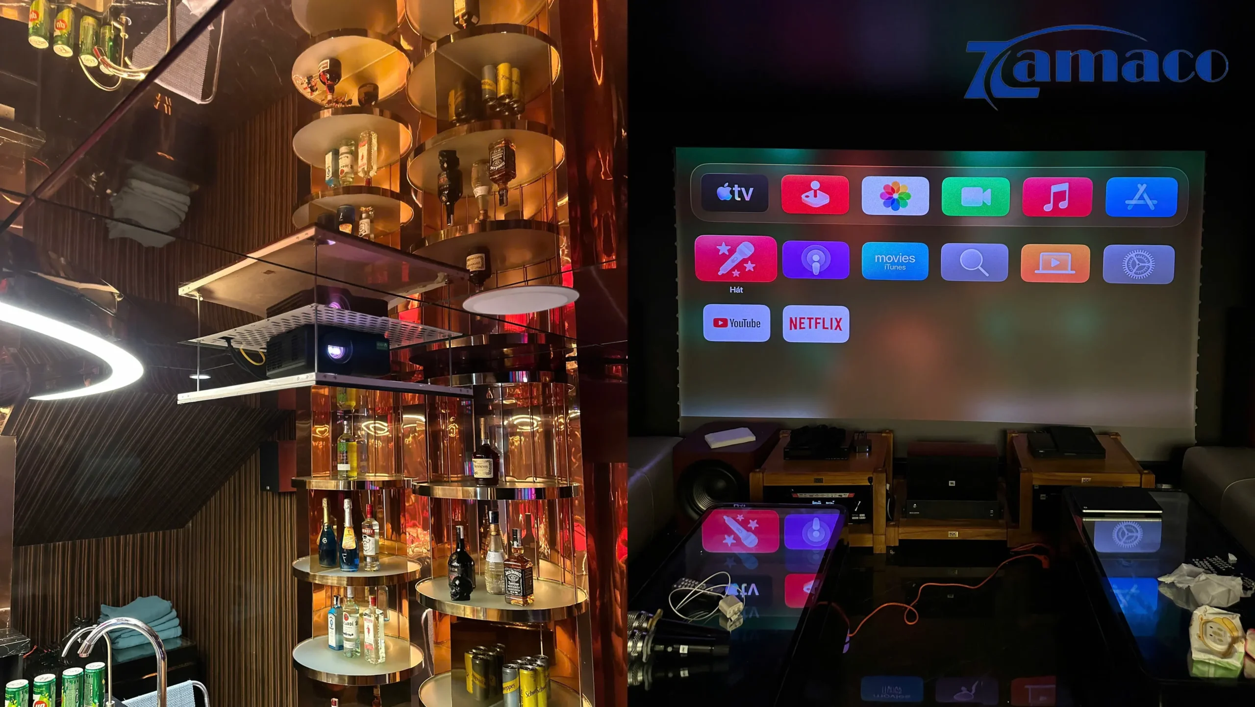 Giải pháp trình chiếu màn hình lớn sử dụng ViewSonic LX700 4K-RGB và màn VividStorm 135 inch, phù hợp cho cả xem phim và karaoke tại gia.