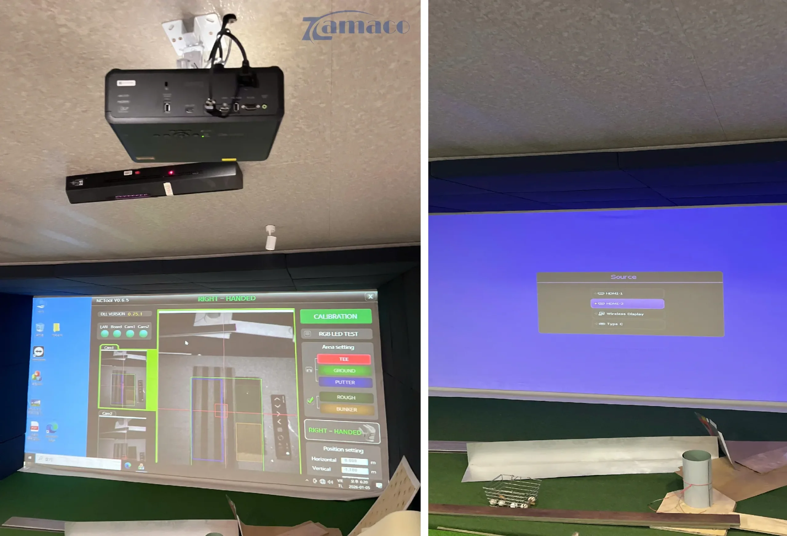 Hình ảnh quá trình căn chỉnh và hiệu chuẩn hệ thống golf simulator, máy chiếu BenQ AK700ST hiển thị rõ nét giao diện phần mềm, đảm bảo độ chính xác khi đo đường bóng và điểm rơi