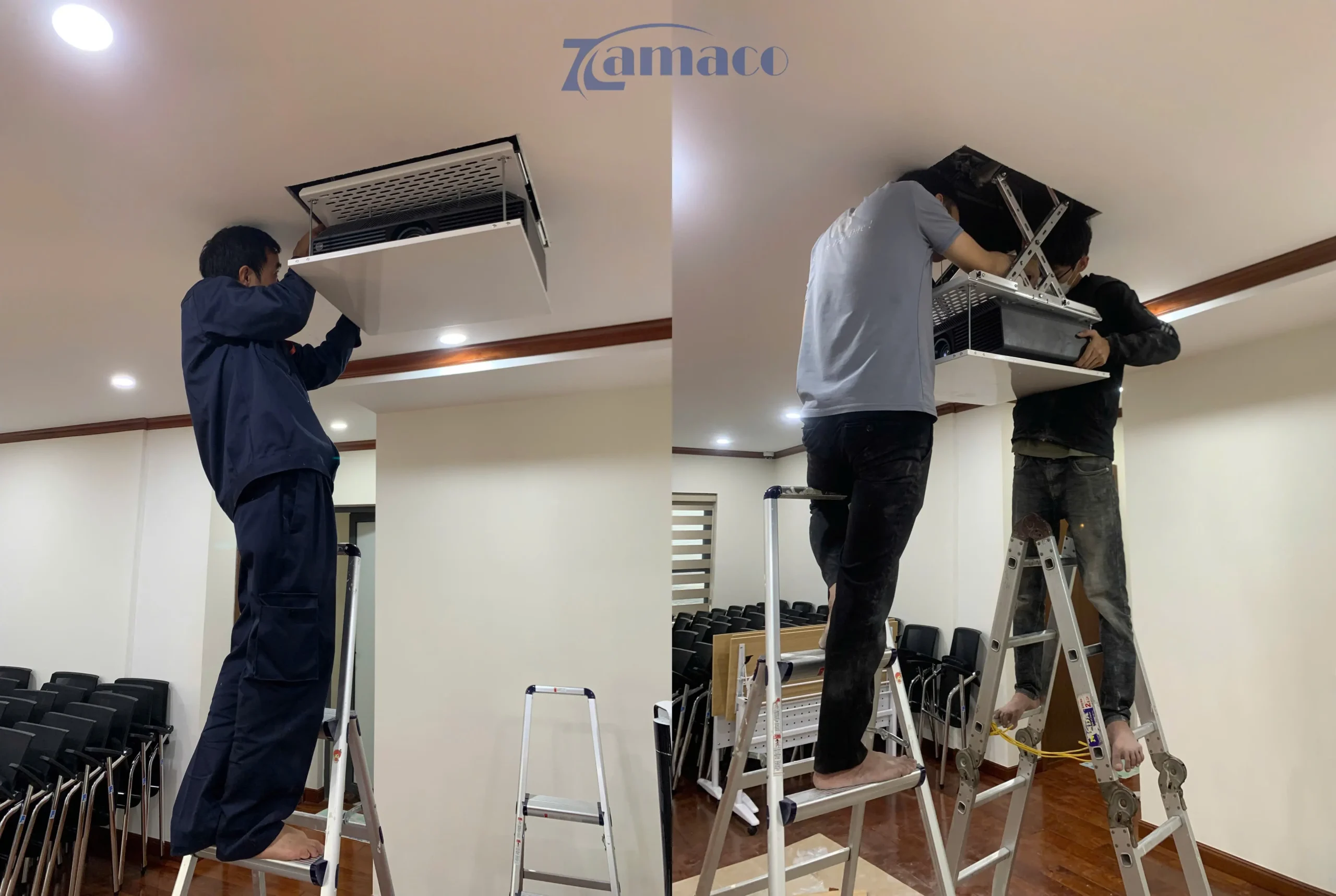 Hoàn thiện lắp đặt combo âm trần hiện đại, phân bổ âm thanh đồng đều, hỗ trợ tốt cho họp, thuyết trình và đào tạo nội bộ.