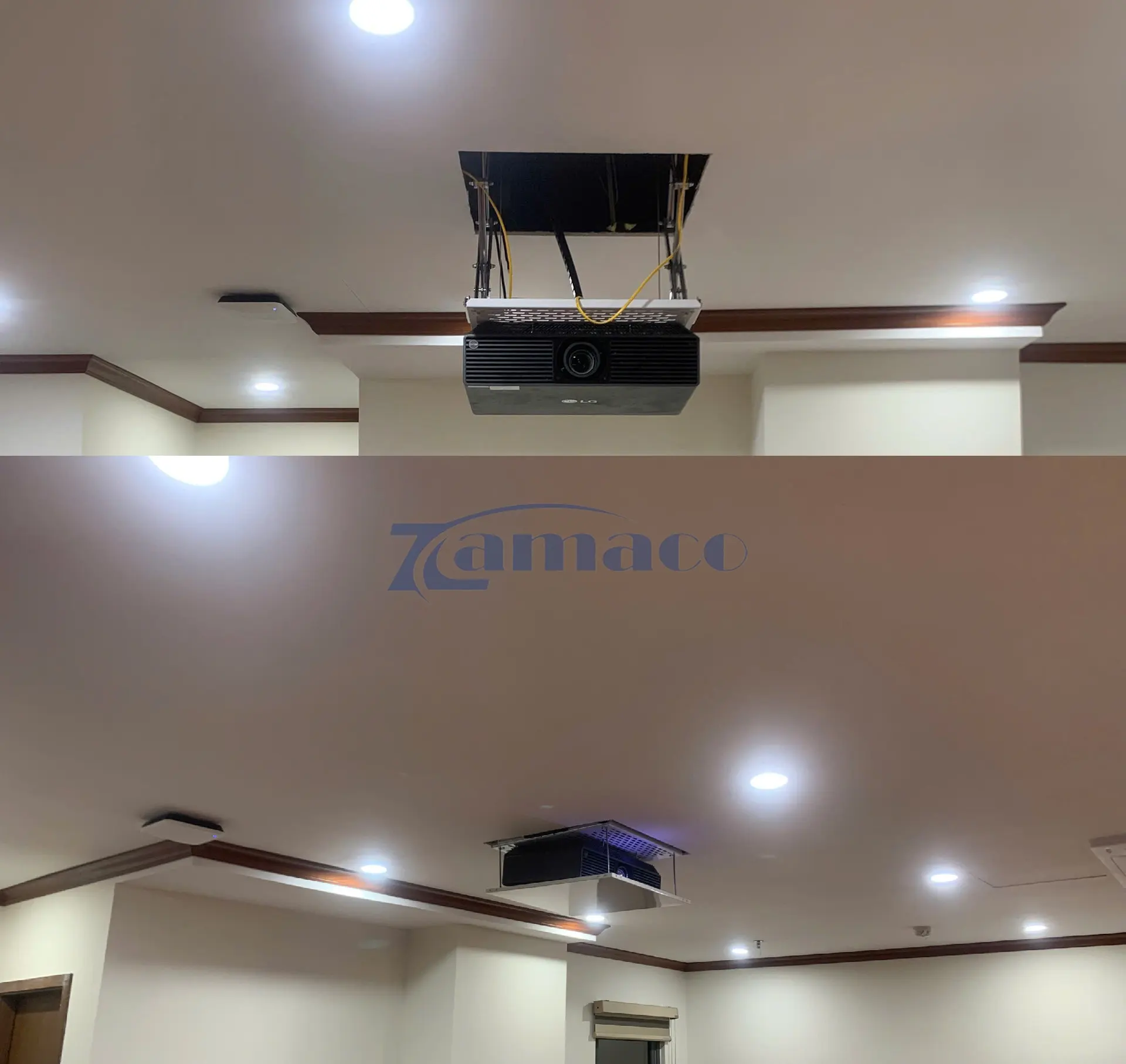 Thi công lắp đặt máy chiếu LG ProBeam BU70QGA treo trần, đi dây gọn gàng, đảm bảo tính thẩm mỹ và an toàn cho không gian phòng họp doanh nghiệp.